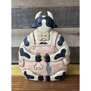 James Haddon Hand Carved Wooden Cow In Overalls Farmhouse Country Decor 10”